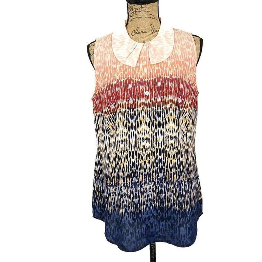 Cabi Womens sz M Tank Top Blue Pink Geometric Print Sleeveless Peter Pan Collar